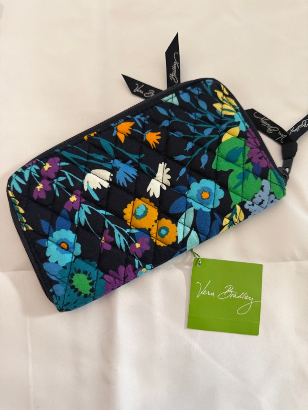 Vera Bradley Navy Floral Quilted Zip-Around Wallet- Like New